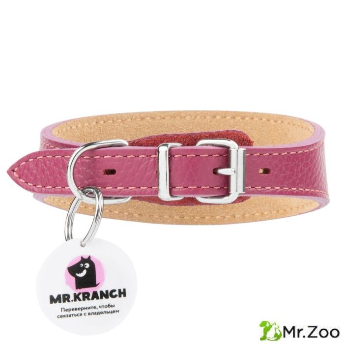 Ошейник-селедка Mr.Kranch для собак из натуральной кожи с QR-адресником 21-25см малиновый