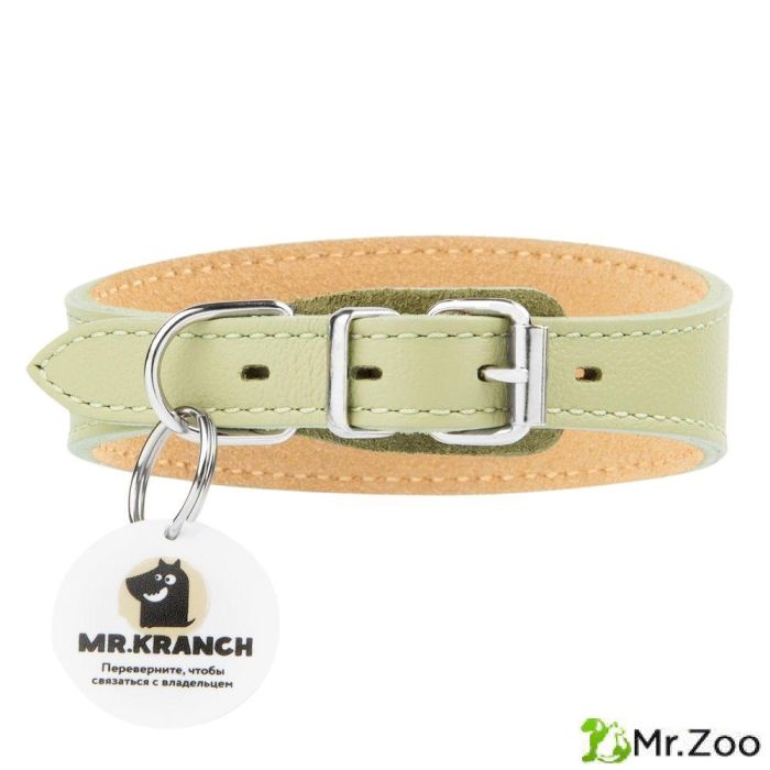 Ошейник-селедка Mr.Kranch для собак из натуральной кожи с QR-адресником 21-25см нежно-зеленый