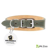 Ошейник-селедка Mr.Kranch для собак из натуральной кожи с QR-адресником 21-25см оливковый