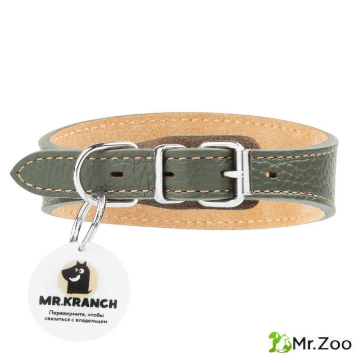 Ошейник-селедка Mr.Kranch для собак из натуральной кожи с QR-адресником 21-25см оливковый