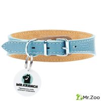 Ошейник-селедка Mr.Kranch для собак из натуральной кожи с QR-адресником 24-30см бирюзовый