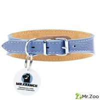 Ошейник-селедка Mr.Kranch для собак из натуральной кожи с QR-адресником 29-35см васильковый